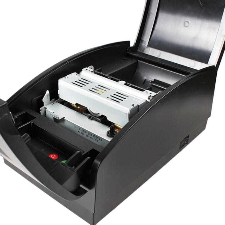 Black receipt matrix printer open top showing internal print mechanism