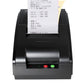 Black receipt matrix printer front with printed receipt and power/status indicator LEDs