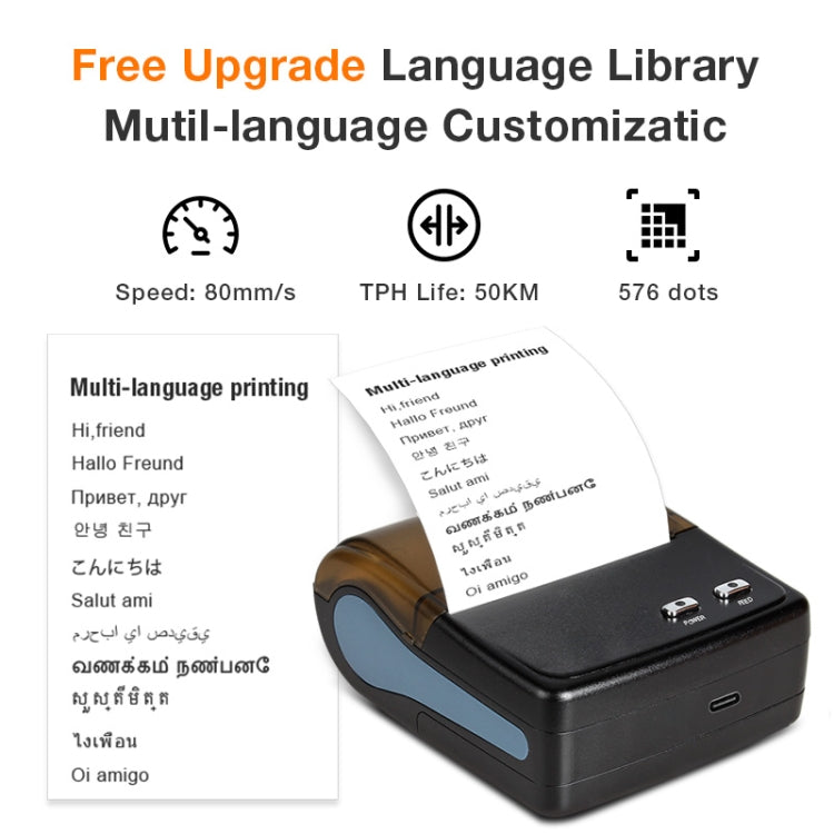 Portable black thermal receipt printer with paper roll and blue side accent