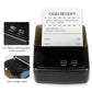 Black portable thermal receipt printer showing receipt paper and power/feed buttons