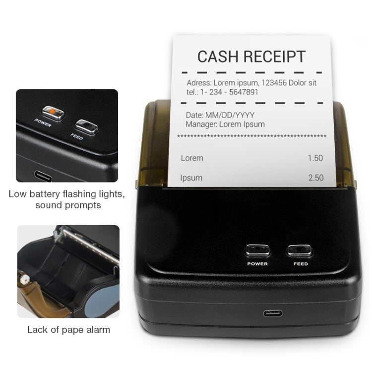 Black portable thermal receipt printer showing receipt paper and power/feed buttons
