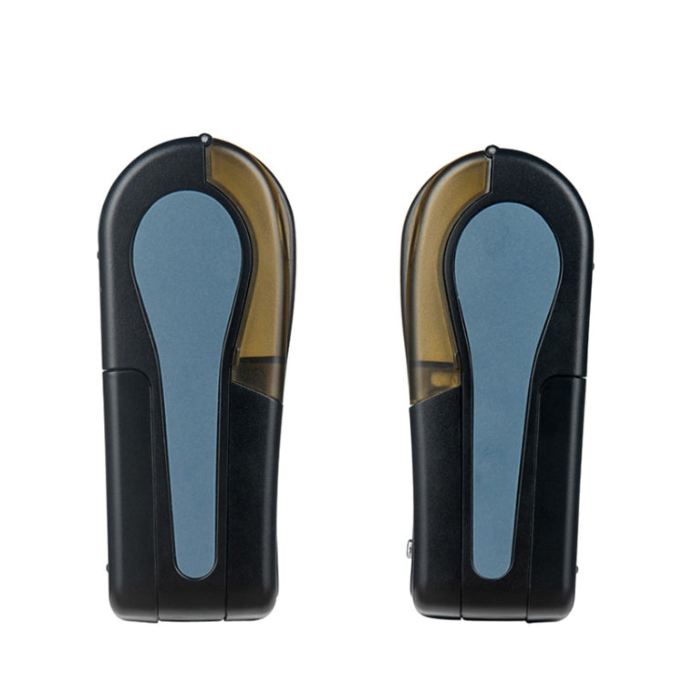 Portable black thermal receipt printer shown from two side views with blue accents