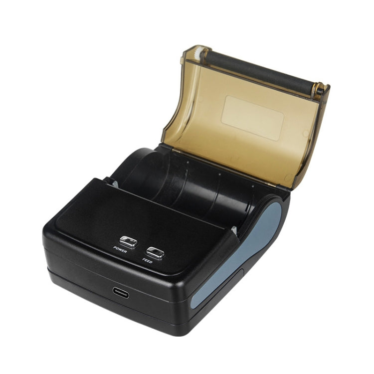 Portable black thermal receipt printer with open cover and visible paper roll