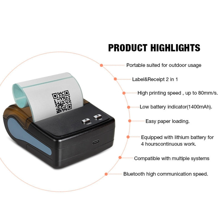 Portable thermal receipt printer with paper roll and blue side strip in compact design