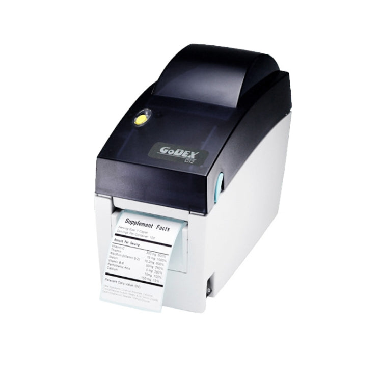 Desktop thermal label printer displaying a paper label sheet with printed text, white body