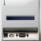 Front port panel of a thermal label printer with power and data connectors inside a bay
