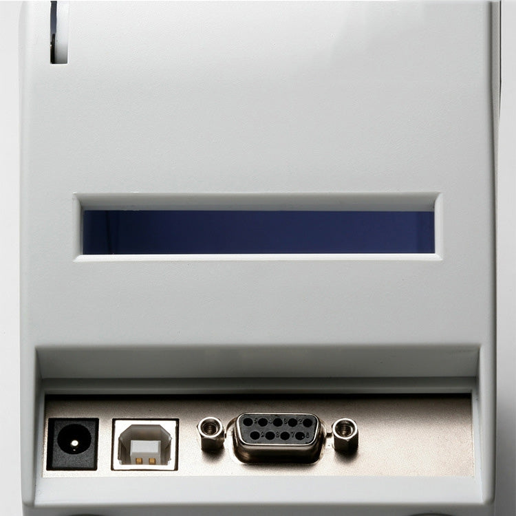 Front port panel of a thermal label printer with power and data connectors inside a bay