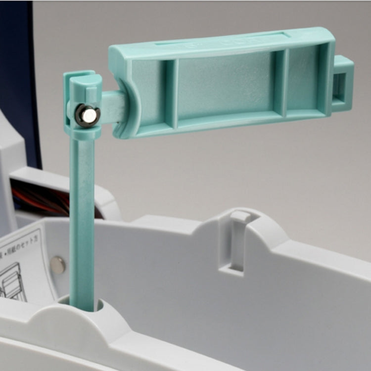 Close-up of thermal label printer loading arm and guides in light green and white