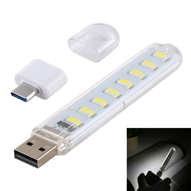 Portable USB LED book light with Type-C adapter, clear light bar with yellow LED chips
