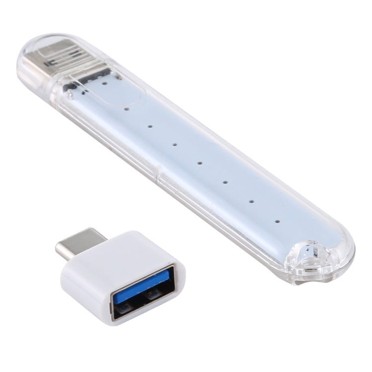 Portable USB LED book light with Type-C adapter, long clear bar and adapter connector