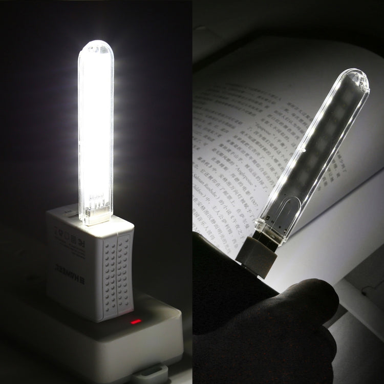 Portable USB LED book light switched on, bright vertical LED light bar