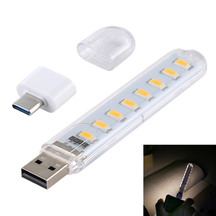 Portable USB LED book light with Type-C adapter, USB plug and clear LED strip