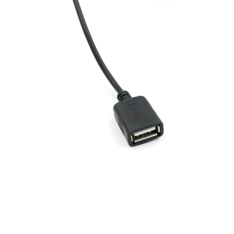 Black USB-A output plug on car power adapter cable.