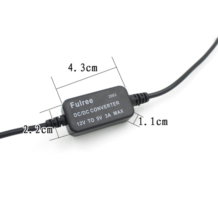 Car USB power adapter DC/DC converter with labeled size measurements 4.3x2.2x1.1cm.