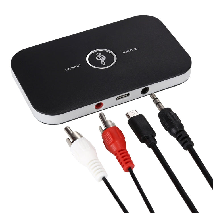 Black 2-in-1 Bluetooth audio adapter with side ports and included RCA/3.5mm cables
