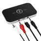 Black 2-in-1 Bluetooth audio transmitter/receiver with side ports and attached connectors