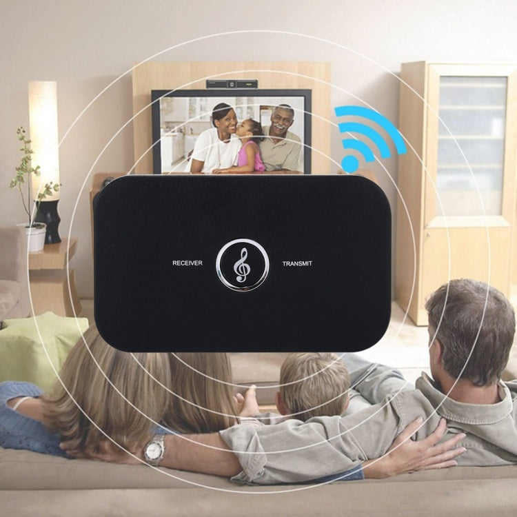 Bluetooth audio receiver/transmitter adapter in living room with surrounding signal icon