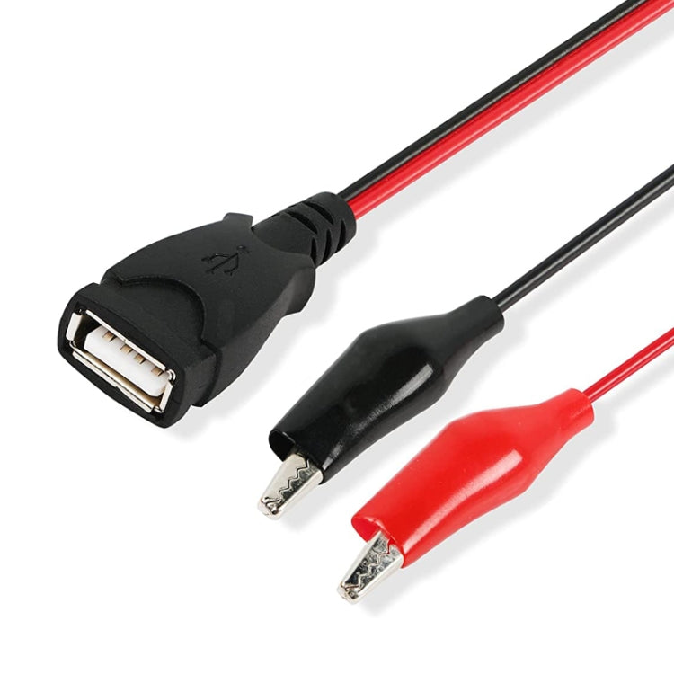 USB-A female power extension cable with black USB plug and two red alligator clips
