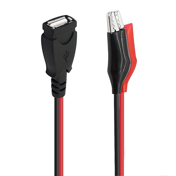 USB-A female power extension cable with black connector and red wire leads