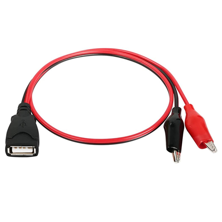 USB-A female to alligator clip cable with black USB plug and red/black clip ends