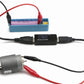 USB-A female to alligator clip cable with inline tester and red and black clip leads