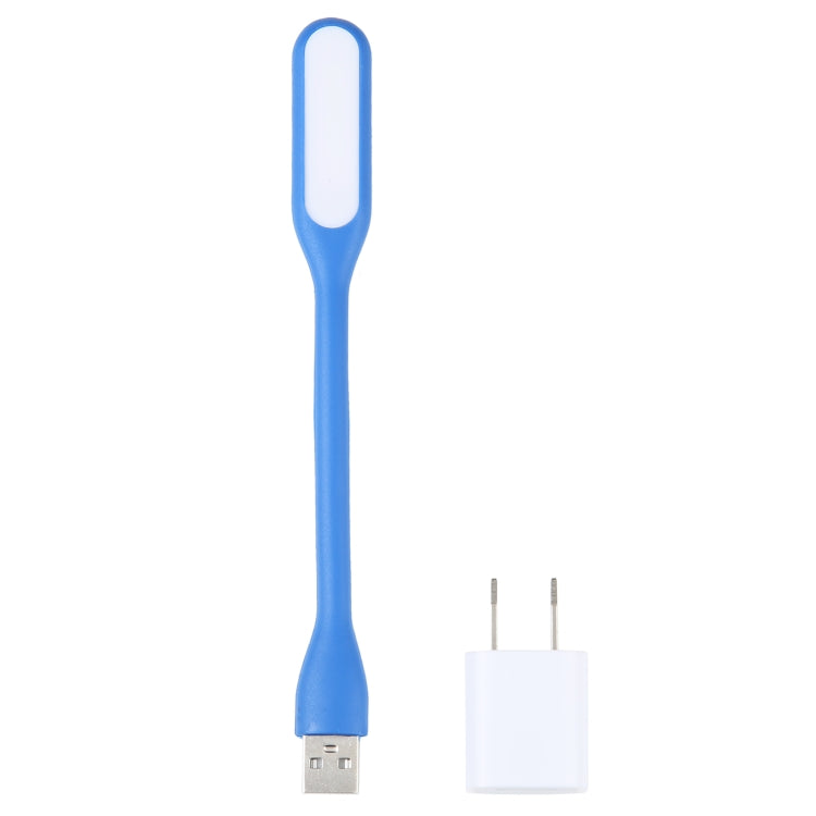 Blue flexible USB LED reading light with US power adapter, vertical plug