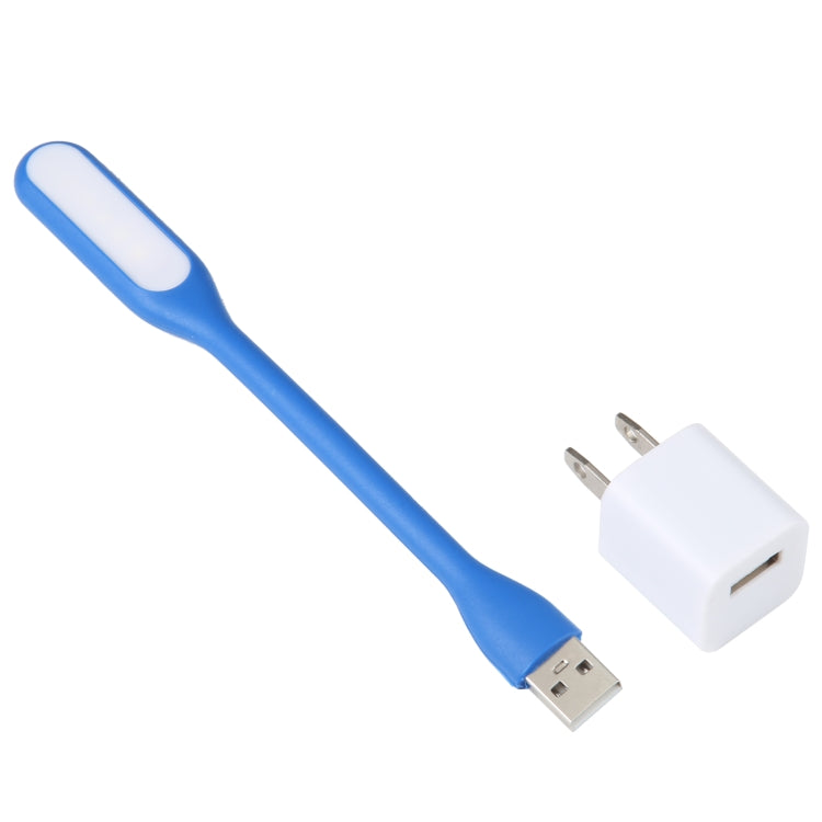 Blue flexible USB LED reading light with US power adapter, angled view