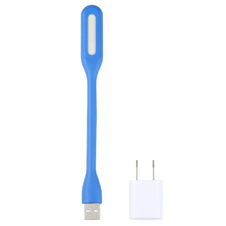 Blue flexible USB LED reading light with US power adapter, front view