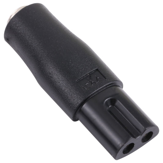 Black DC barrel connector with semicircle housing, dual-pin plug end