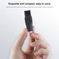 Compact black power conversion adapter with cable and connector end held for charging