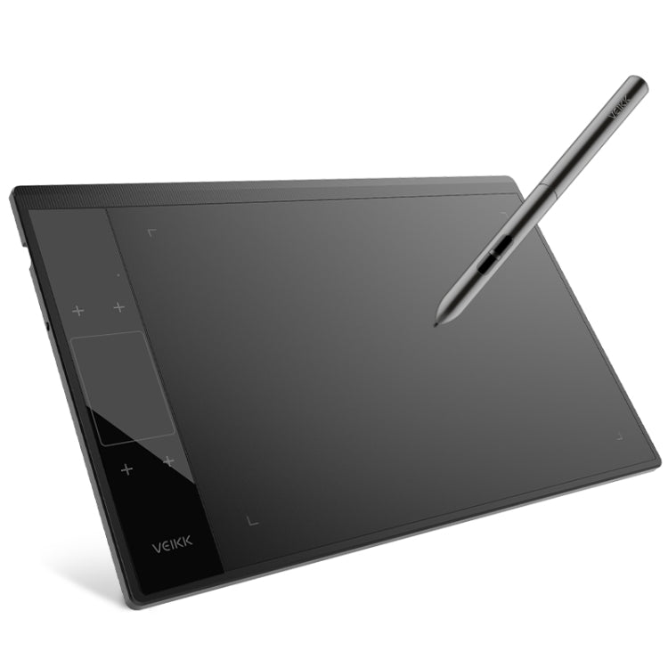 Graphic drawing tablet with stylus, dark gray matte screen and side control buttons