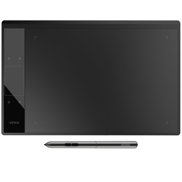 Graphic drawing tablet with stylus pen, front view showing dark matte screen and side buttons