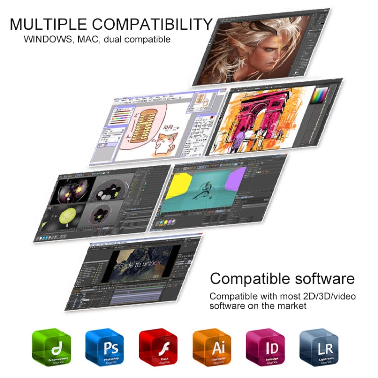Smart touch graphic tablet shown at angles with software thumbnails on screen