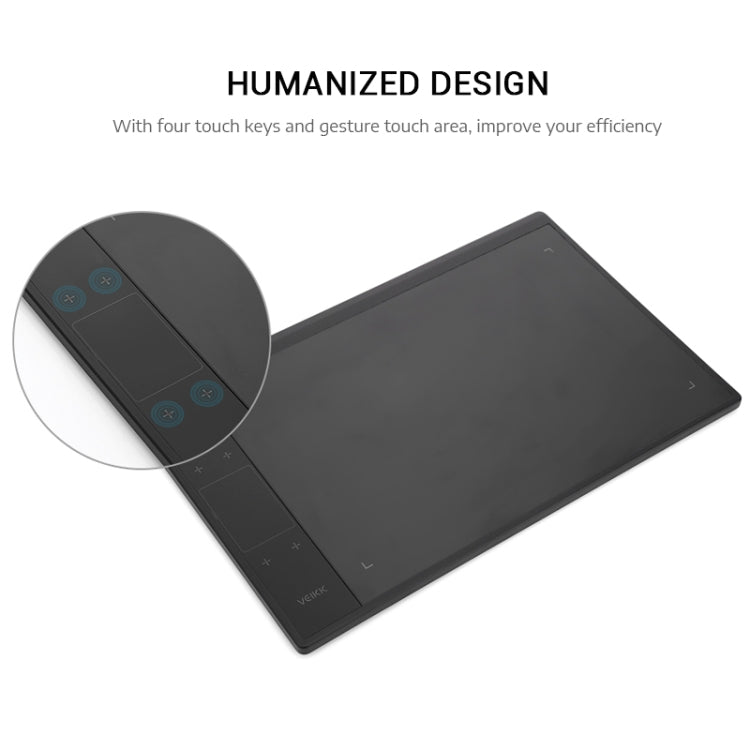 Graphic drawing tablet with stylus, front corner with four touch keys on dark panel
