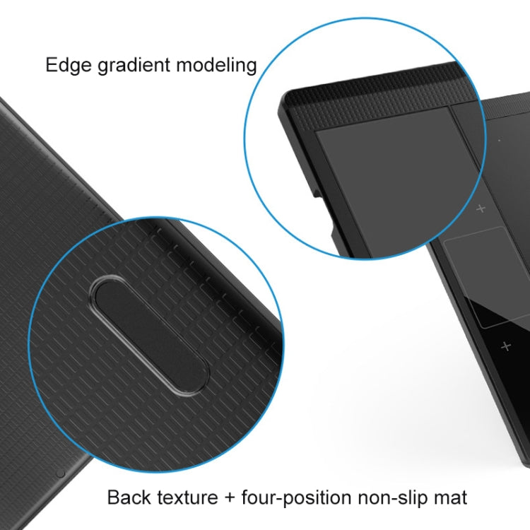 Graphic drawing tablet back with textured grip and four-position non-slip mat, dark gray surface