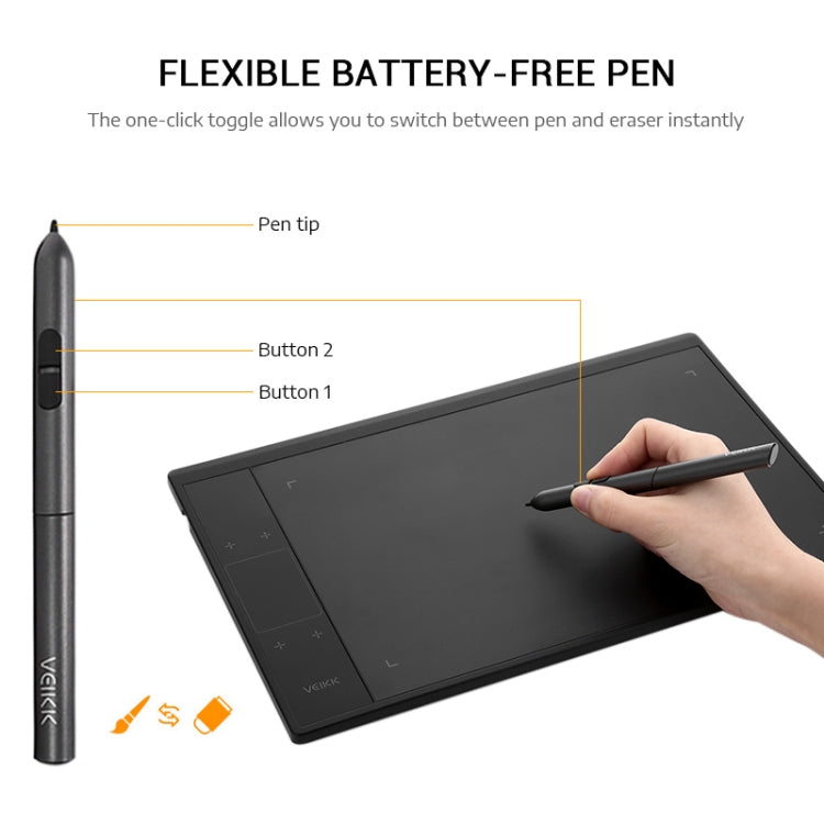 Graphic drawing tablet with battery-free pen, hand using stylus over dark writing surface