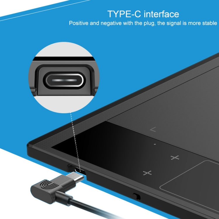 Graphic drawing tablet with Type-C port connection, dark body and inset charging port