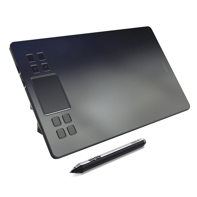 Black graphic tablet with shortcut buttons and included stylus, angled view