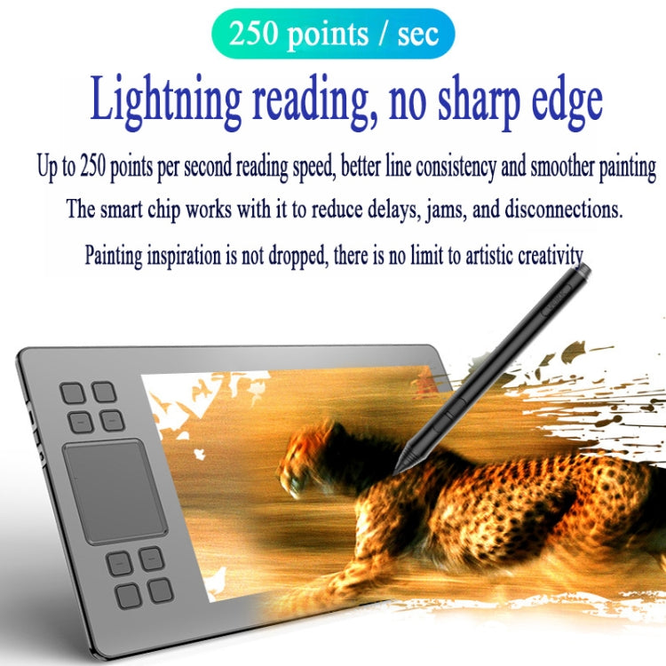 Gray graphic tablet with black stylus hovering over a digital landscape painting