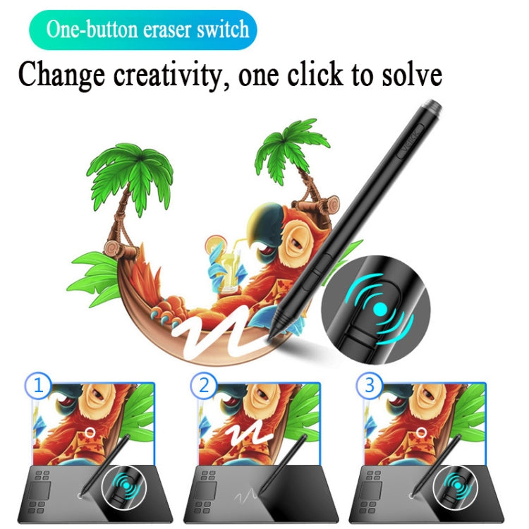 Gray graphic tablet with black stylus and eraser function icon, showing a drawing