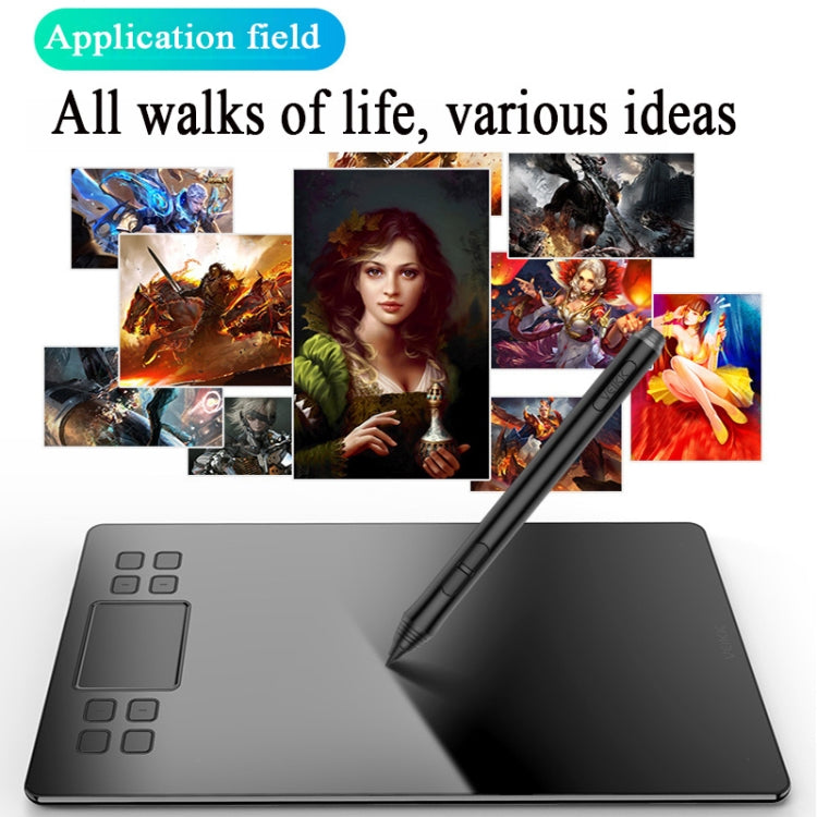 Gray graphic tablet with black stylus, surrounded by various art thumbnails