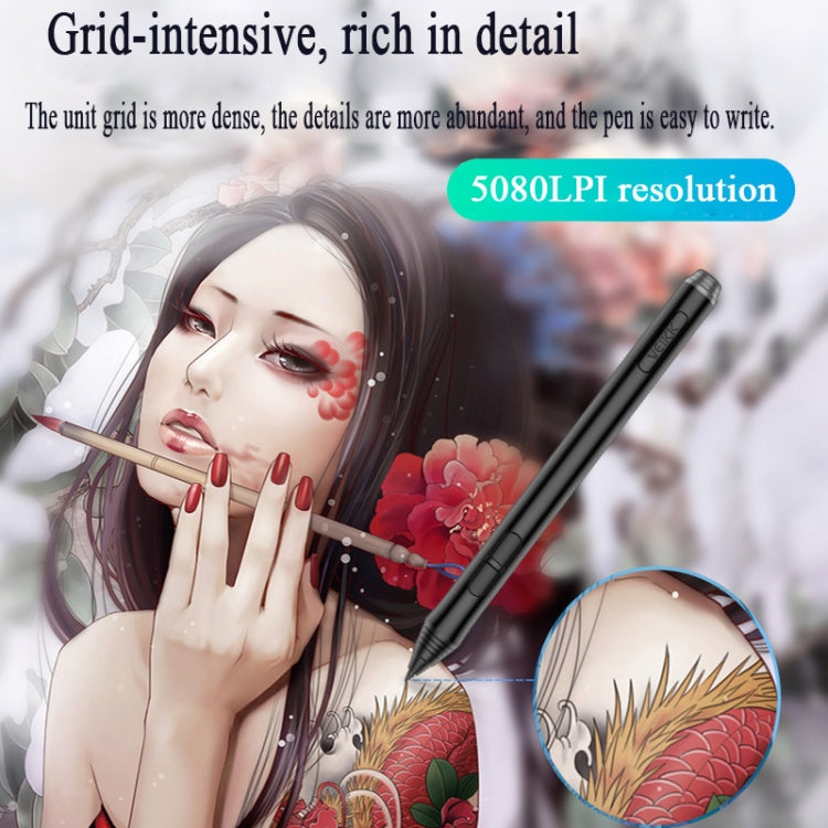 Gray graphic tablet with black stylus, featuring a detailed portrait artwork