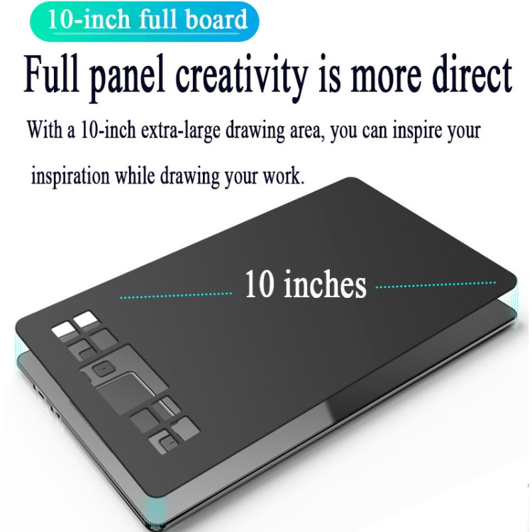 10-inch black drawing tablet with shortcut icons on top, angled view
