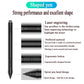Black stylus pen with labeled diagram of features, close-up