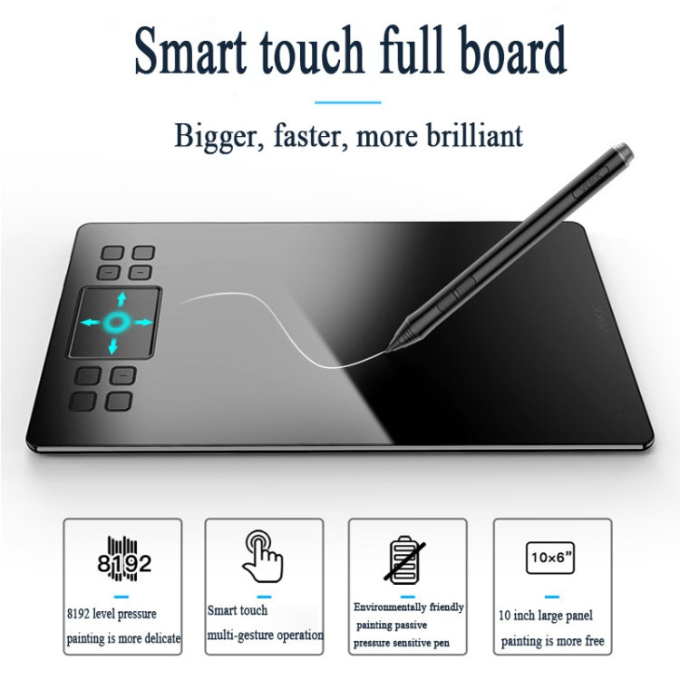 Black smart touch drawing tablet with stylus resting on screen, front view