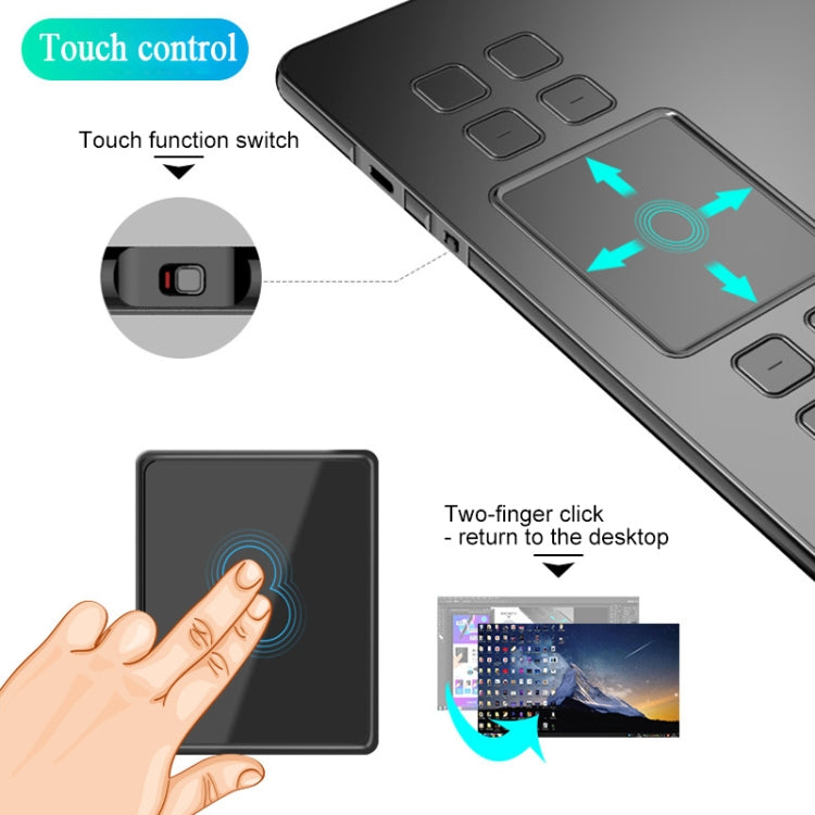 Tablet top with recessed touch controls and shortcut keys, finger gesture shown