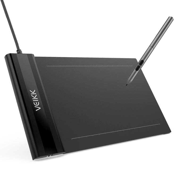 Black 6x4 electronic graphic tablet with stylus pen, angled view