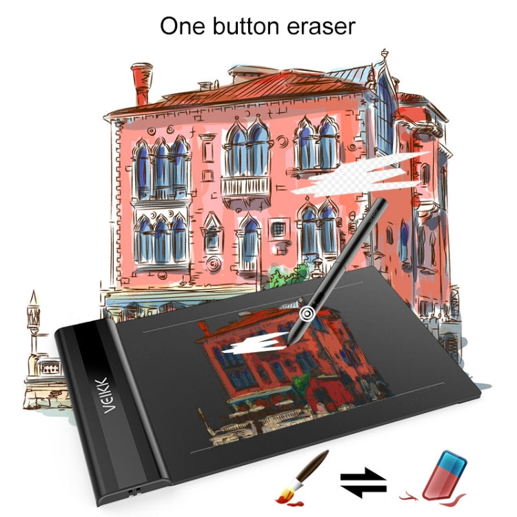 Black electronic graphic tablet with stylus and one-button eraser tip