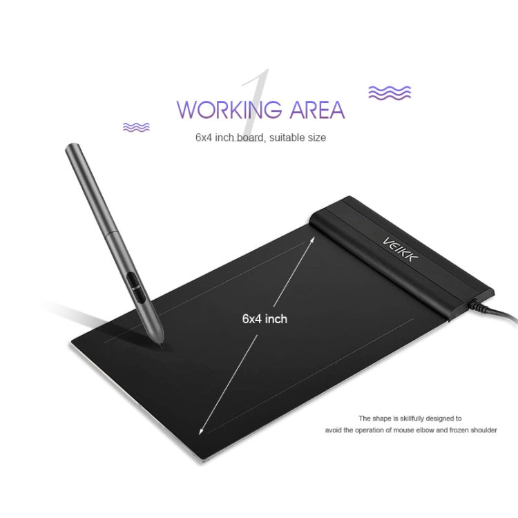 Black 6x4 electronic graphic tablet with stylus pen, top view