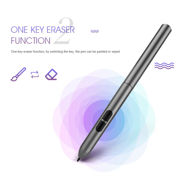 Stylus pen with tip and button on dark electronic graphic tablet